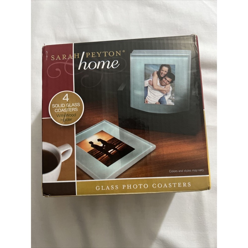 Sarah Peyton Home Glass Photo Coasters with Wood Holder New Open Box 4 pc